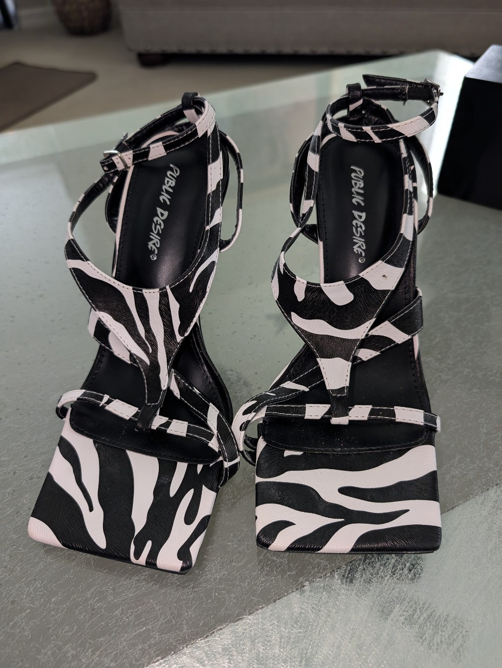 Public Desire White & Black Zebra Strap Heels